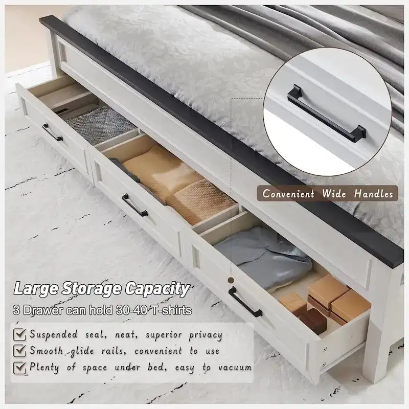 Farmhouse King Wood Bed Frame with Headboard, Platform Bedframe