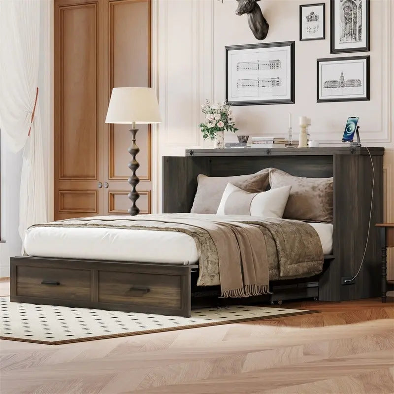 Lit escamotable de style ferme avec grand tiroir, Lit escamotable pliant pleine/grande taille avec station de recharge