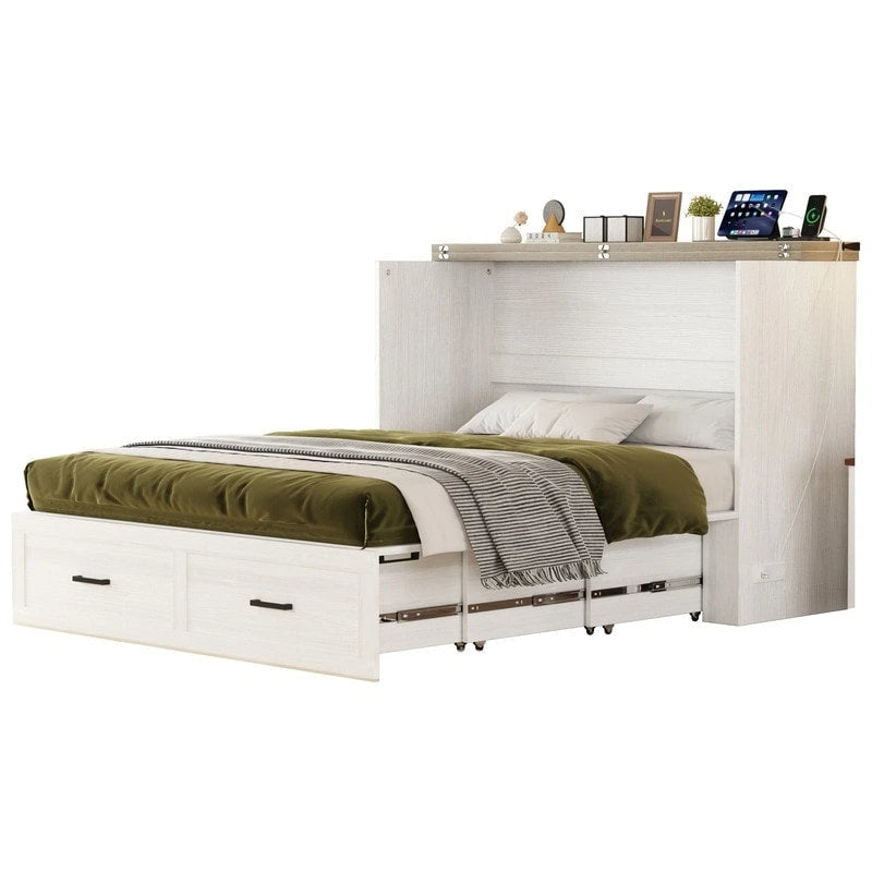 Lit escamotable de style ferme avec grand tiroir, Lit escamotable pliant pleine/grande taille avec station de recharge