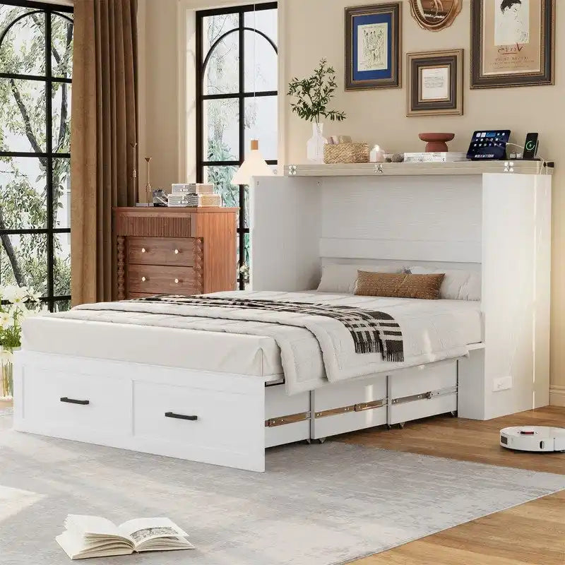 Lit escamotable de style ferme avec grand tiroir, Lit escamotable pliant pleine/grande taille avec station de recharge