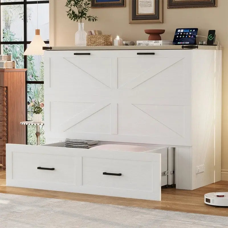 Lit escamotable de style ferme avec grand tiroir, Lit escamotable pliant pleine/grande taille avec station de recharge