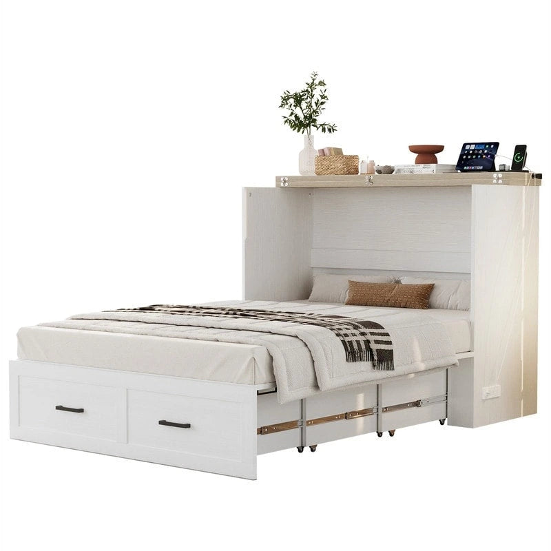 Lit escamotable de style ferme avec grand tiroir, Lit escamotable pliant pleine/grande taille avec station de recharge