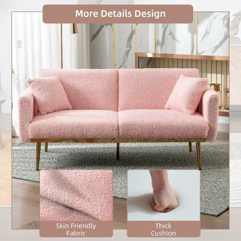 Canapé convertible deux places capitonné en tissu Teddy avec pieds or rose