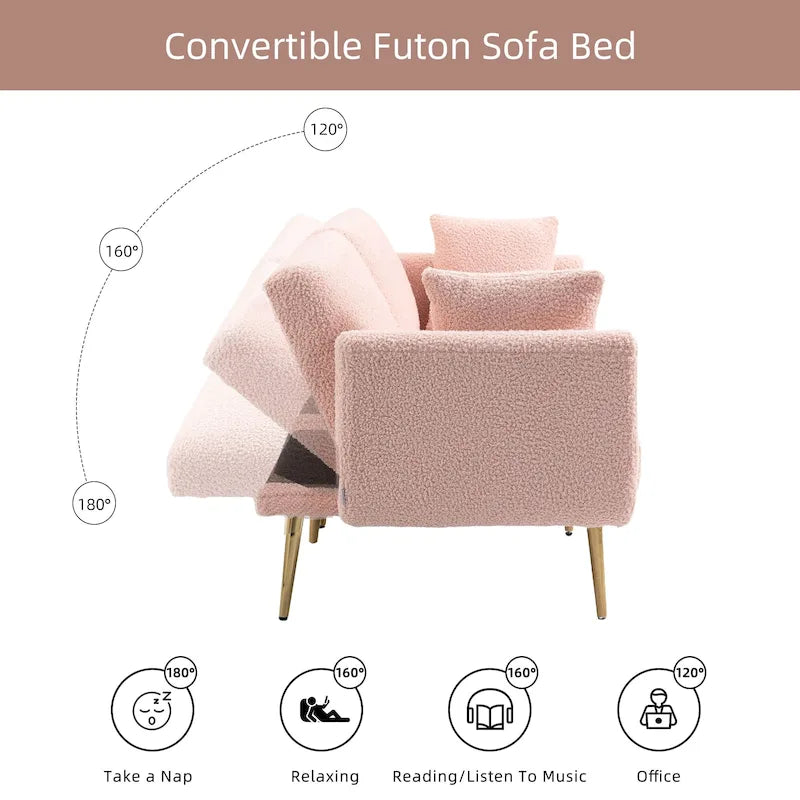 Canapé convertible deux places capitonné en tissu Teddy avec pieds or rose