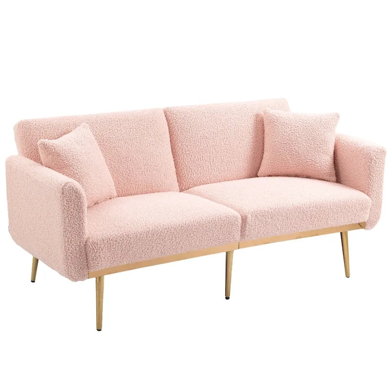 Canapé convertible deux places capitonné en tissu Teddy avec pieds or rose
