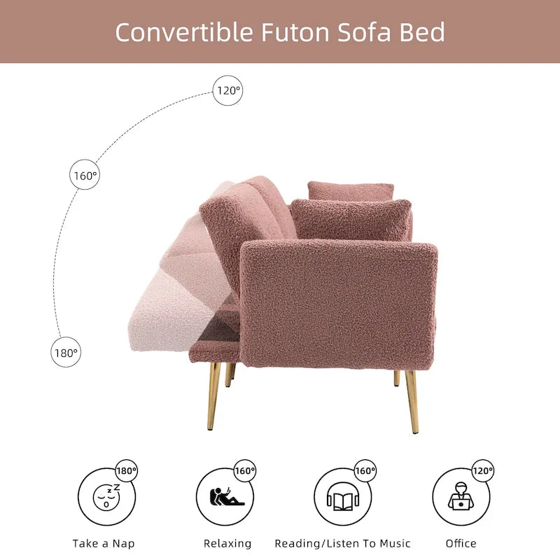 Canapé convertible deux places capitonné en tissu Teddy avec pieds or rose