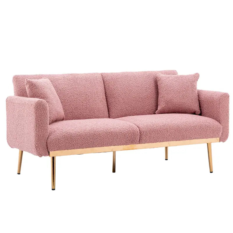 Canapé convertible deux places capitonné en tissu Teddy avec pieds or rose
