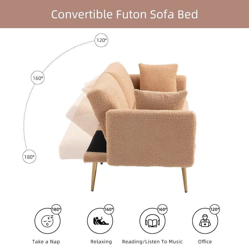 Canapé convertible deux places capitonné en tissu Teddy avec pieds or rose