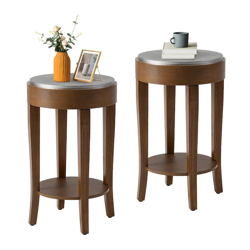 Table d'appoint ronde à 2 niveaux avec étagère