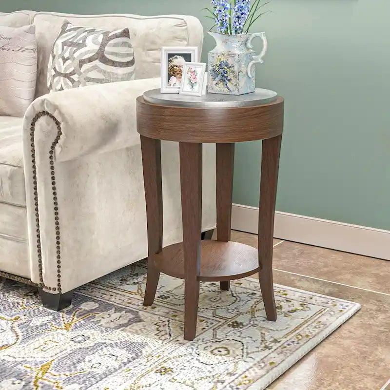 Table d'appoint ronde à 2 niveaux avec étagère