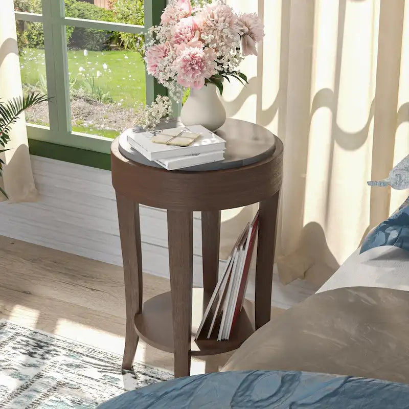 Table d'appoint ronde à 2 niveaux avec étagère