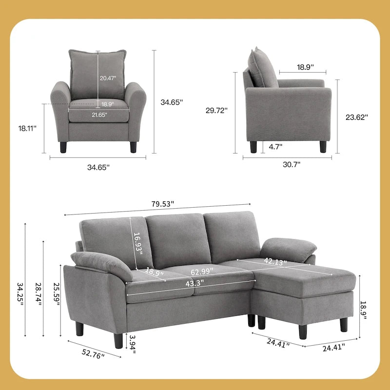 Canapé d'angle 3 places avec fauteuil et pouf pour salon