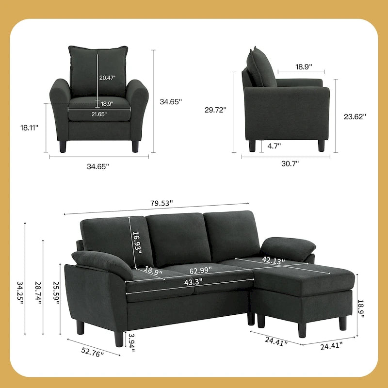Canapé d'angle 3 places avec fauteuil et pouf pour salon
