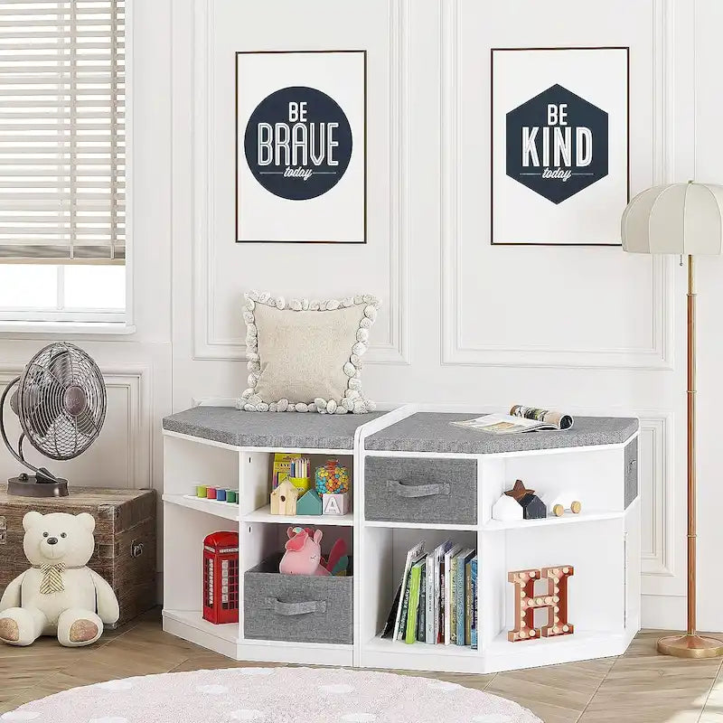 Coin Lecture, Banc avec Rangement, Meuble d'Angle avec 3 Niches pour Salon, Chambre, Blanc