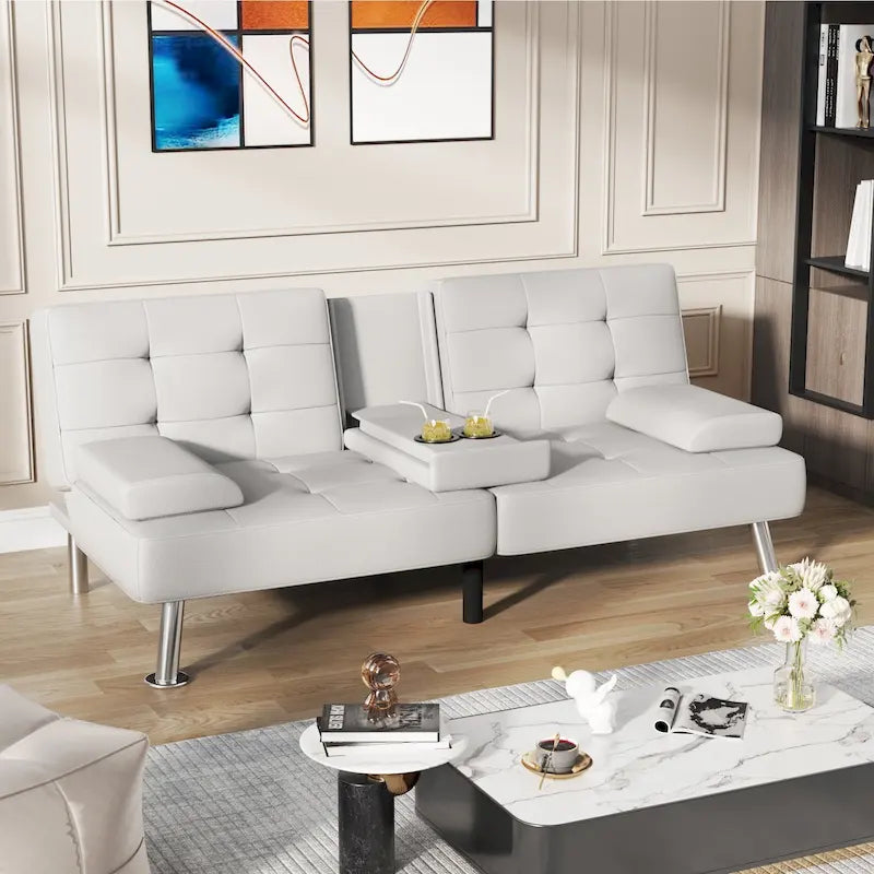Canapé-lit futon convertible avec porte-gobelets et oreillers