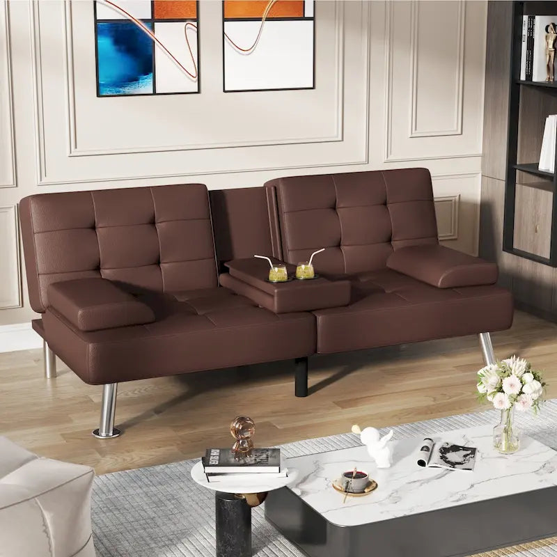 Canapé-lit futon convertible avec porte-gobelets et oreillers