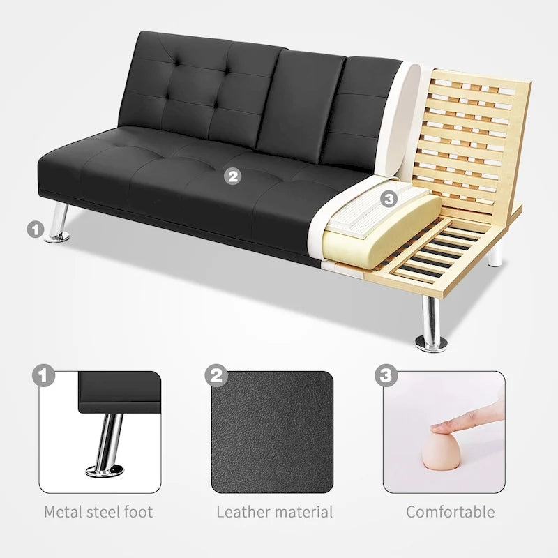 Canapé-lit futon convertible avec porte-gobelets et oreillers