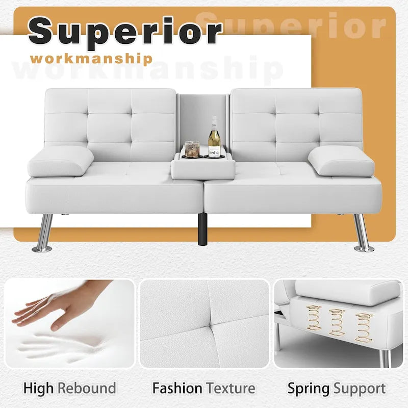 Canapé-lit futon convertible avec porte-gobelets et oreillers