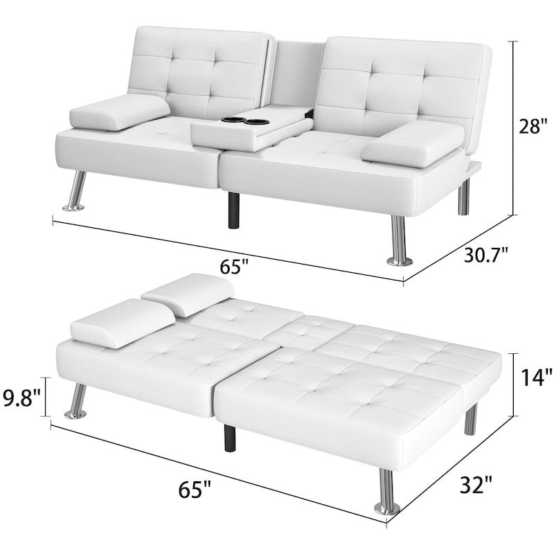 Canapé-lit futon convertible avec porte-gobelets et oreillers