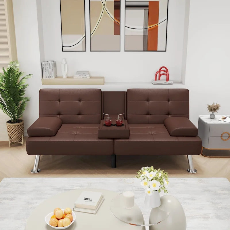 Canapé-lit futon convertible avec porte-gobelets et oreillers