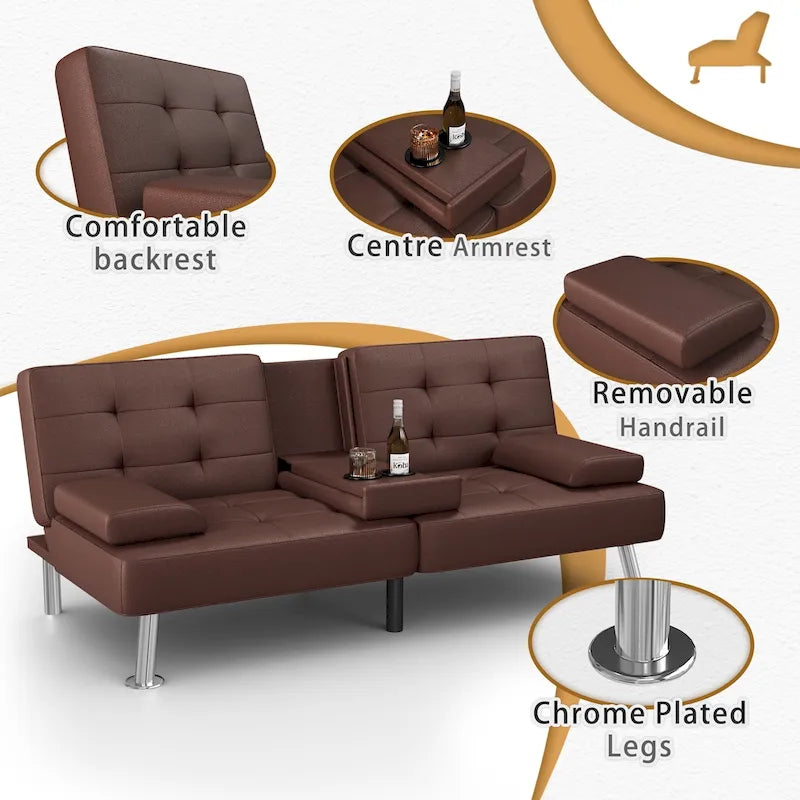 Canapé-lit futon convertible avec porte-gobelets et oreillers