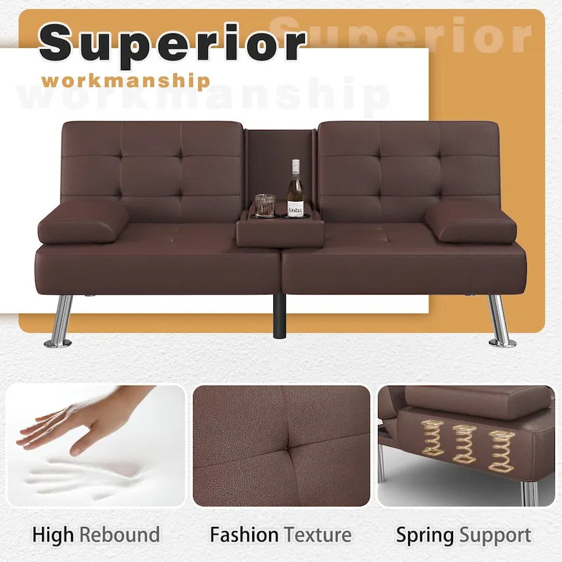 Canapé-lit futon convertible avec porte-gobelets et oreillers