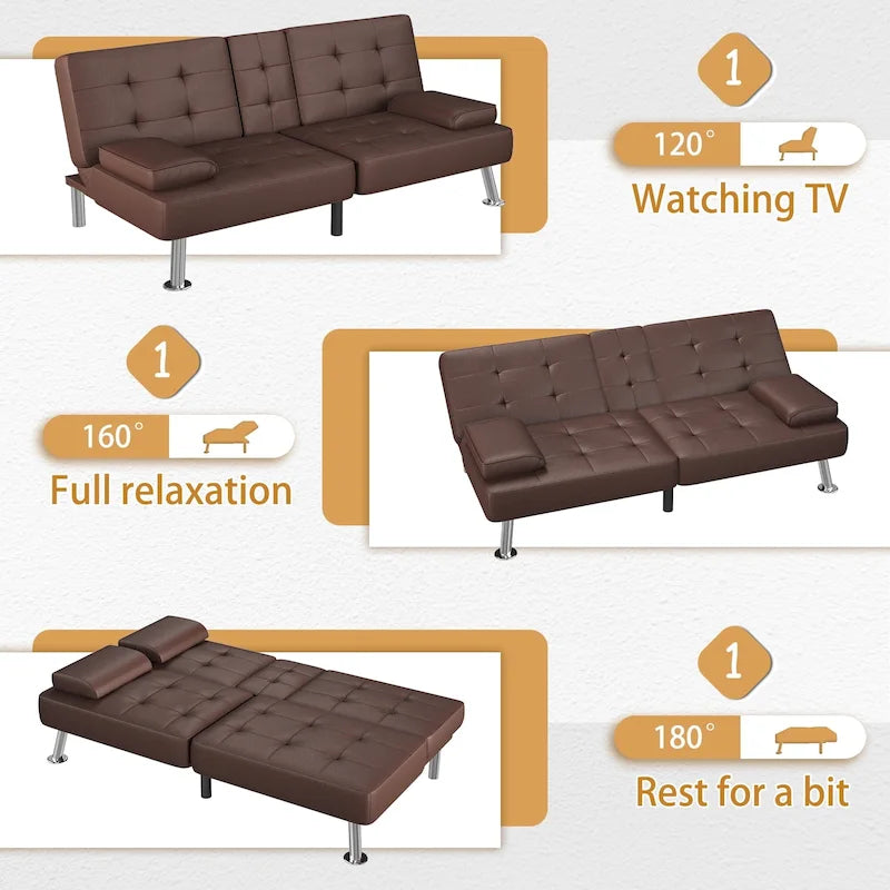 Canapé-lit futon convertible avec porte-gobelets et oreillers