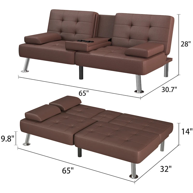 Canapé-lit futon convertible avec porte-gobelets et oreillers