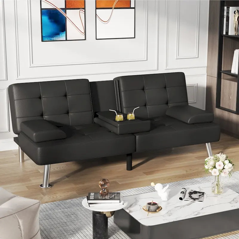 Canapé-lit futon convertible avec porte-gobelets et oreillers