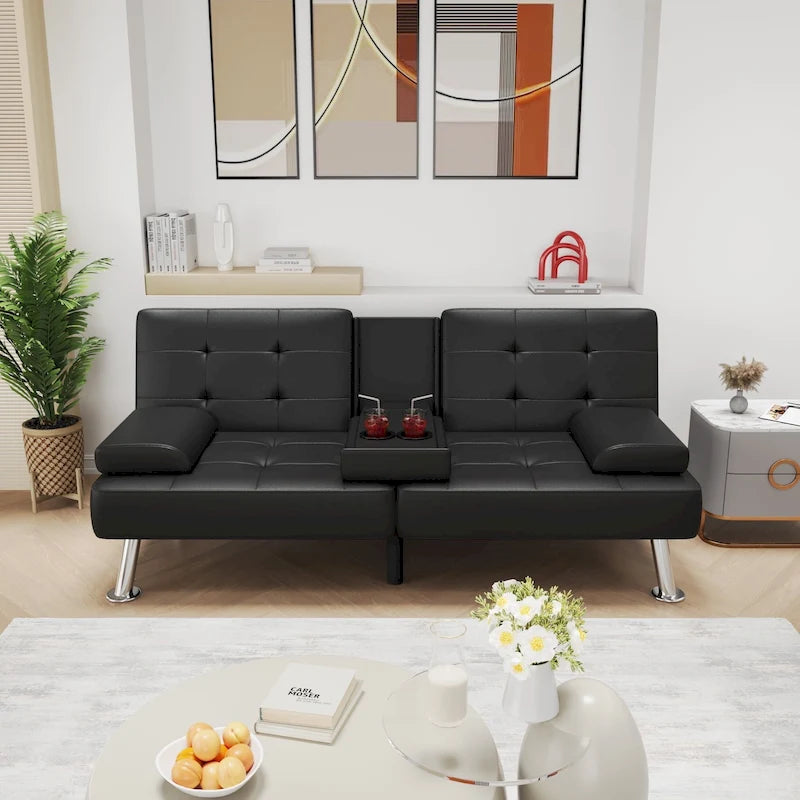 Canapé-lit futon convertible avec porte-gobelets et oreillers