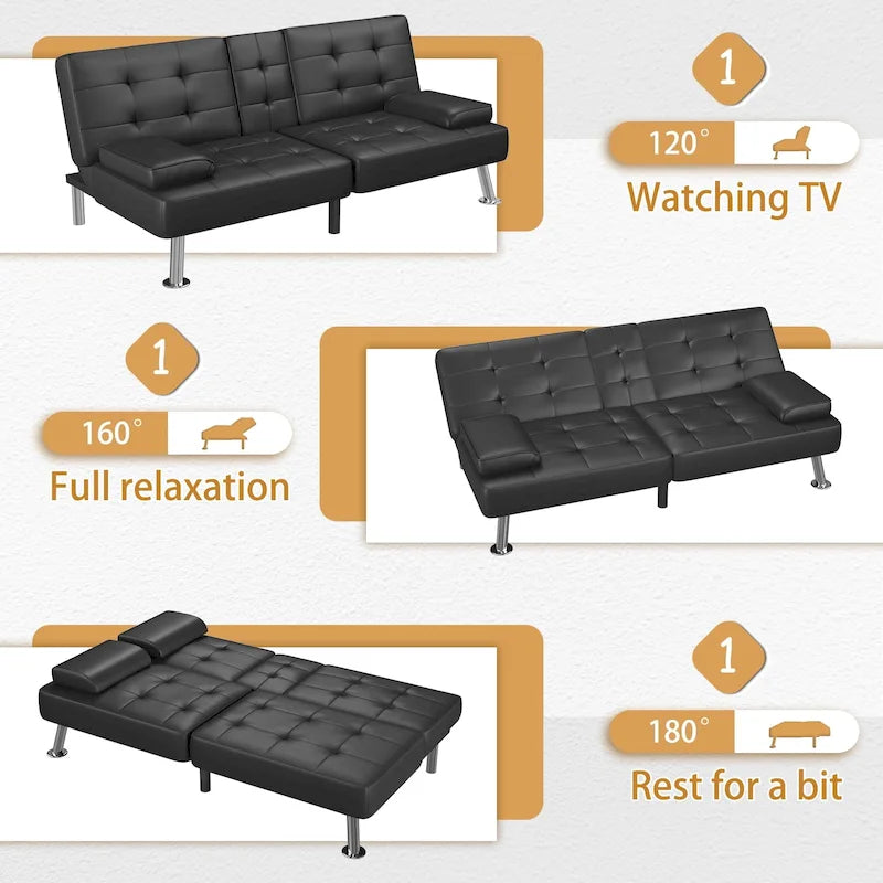 Canapé-lit futon convertible avec porte-gobelets et oreillers