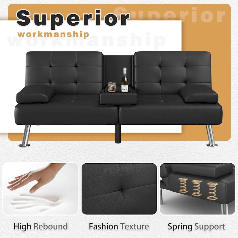 Canapé-lit futon convertible avec porte-gobelets et oreillers
