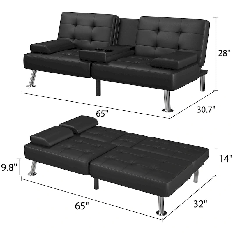 Canapé-lit futon convertible avec porte-gobelets et oreillers