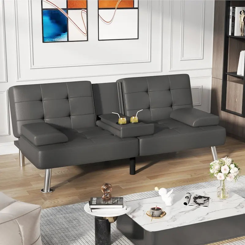 Canapé-lit futon convertible avec porte-gobelets et oreillers