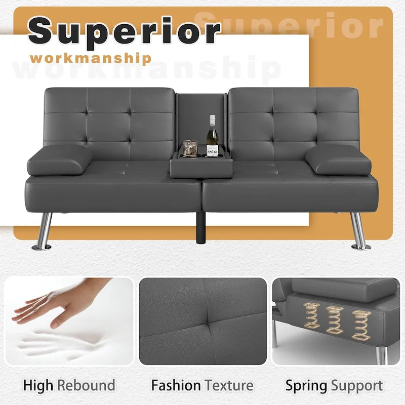 Canapé-lit futon convertible avec porte-gobelets et oreillers