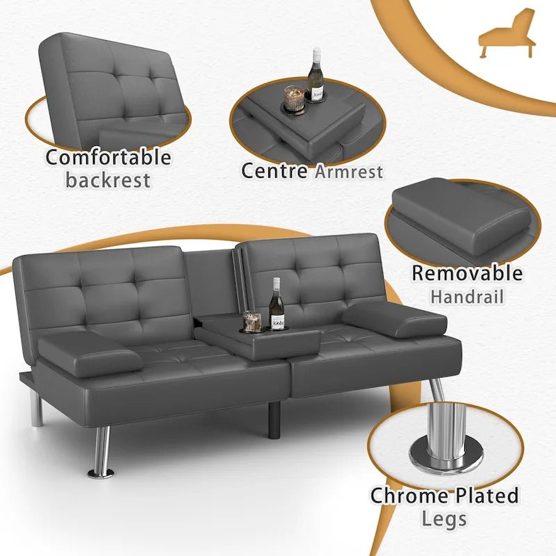 Canapé-lit futon convertible avec porte-gobelets et oreillers