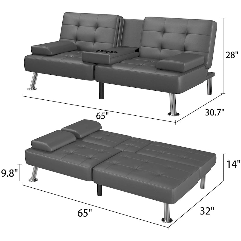 Canapé-lit futon convertible avec porte-gobelets et oreillers