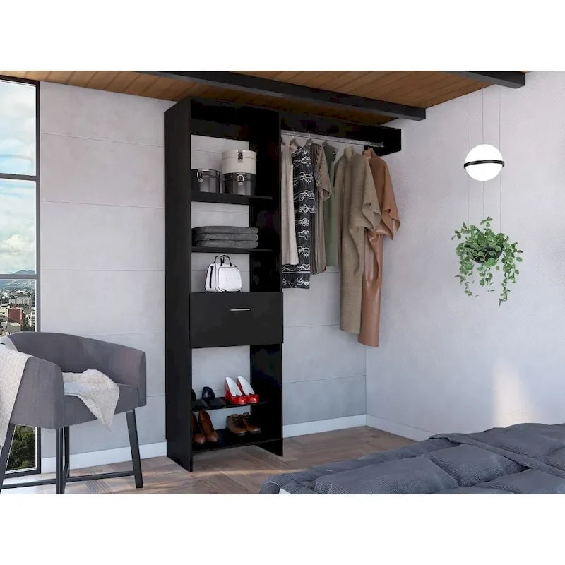 Système de rangement de 150 cm avec tringle métallique, 5 étagères ouvertes et 1 tiroir - N/A