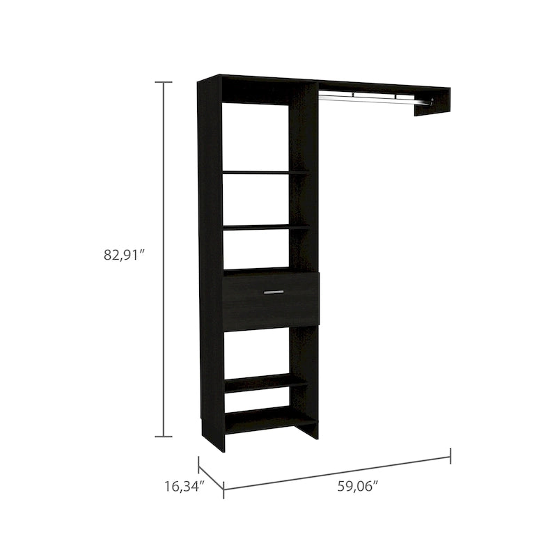 Système de rangement de 150 cm avec tringle métallique, 5 étagères ouvertes et 1 tiroir - N/A