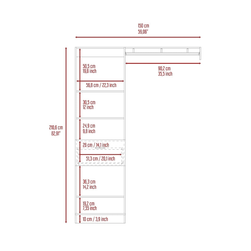 Système de rangement de 150 cm avec tringle métallique, 5 étagères ouvertes et 1 tiroir - N/A