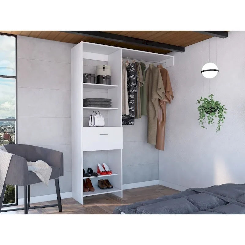 Système de rangement de 150 cm avec tringle métallique, 5 étagères ouvertes et 1 tiroir - N/A