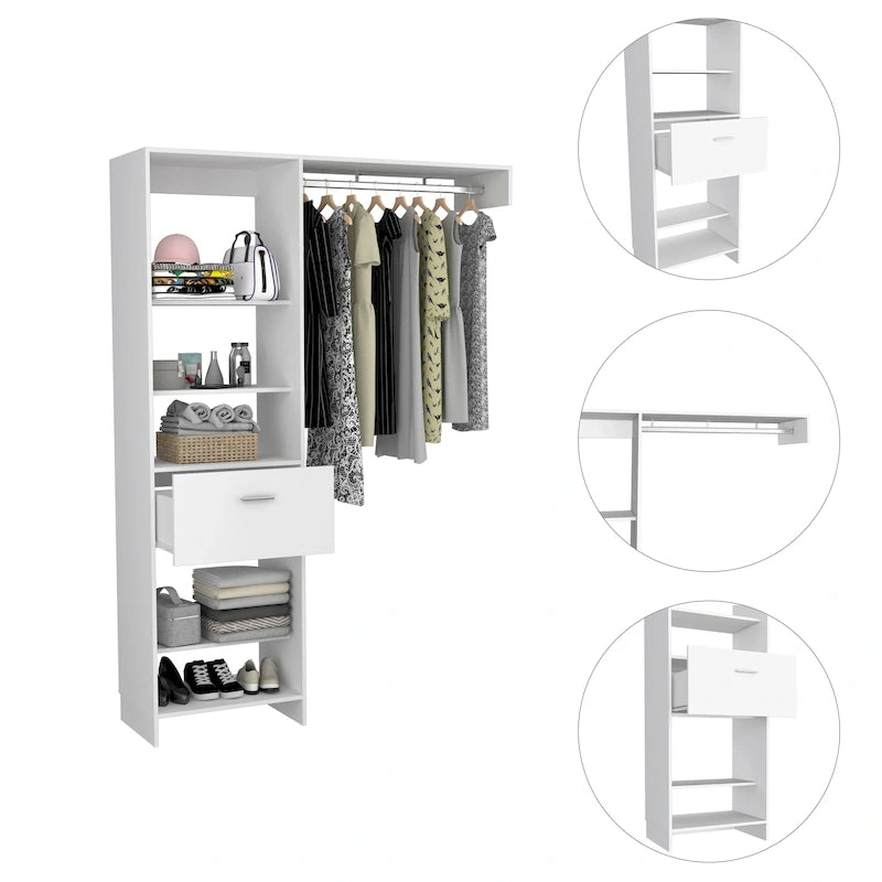 Système de rangement de 150 cm avec tringle métallique, 5 étagères ouvertes et 1 tiroir - N/A