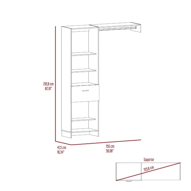 Système de rangement de 150 cm avec tringle métallique, 5 étagères ouvertes et 1 tiroir - N/A