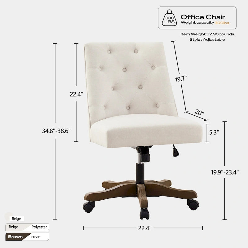 Chaise de bureau à roulettes réglable en hauteur, en tissu de lin capitonné, pivotante