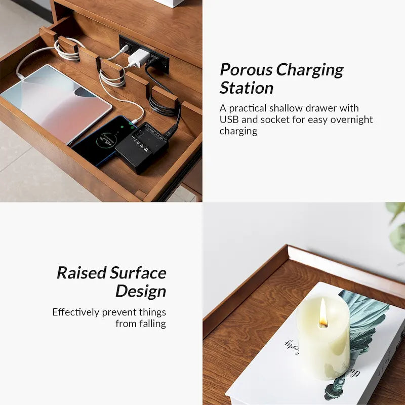 Table de chevet moderne du milieu du siècle à 3 tiroirs avec station de recharge