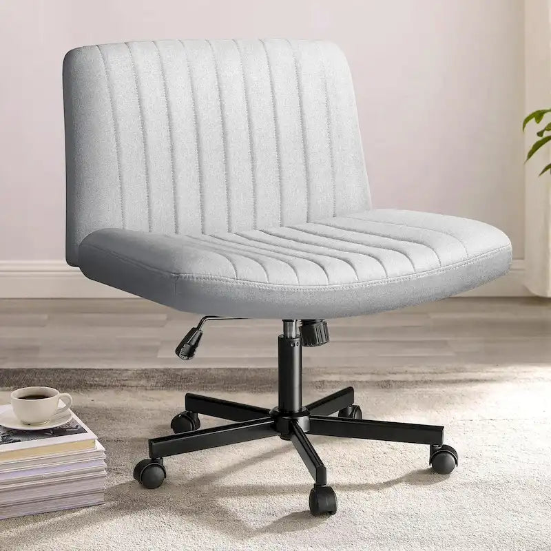 Chaise de bureau sans accoudoirs Criss Cross avec roulettes, chaise à pieds croisés rembourrée en tissu, chaise de vanité pivotante à siège large