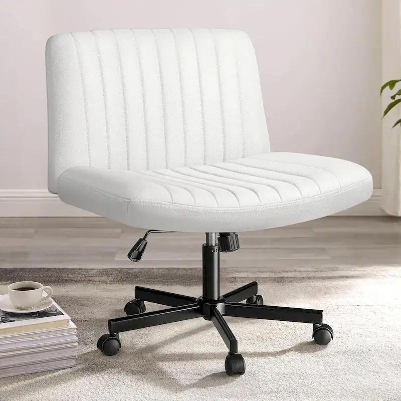 Chaise de bureau sans accoudoirs Criss Cross avec roulettes, chaise à pieds croisés rembourrée en tissu, chaise de vanité pivotante à siège large