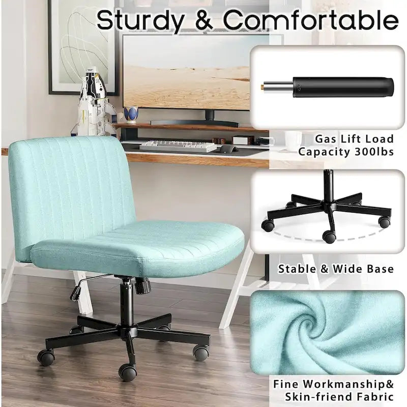 Chaise de bureau sans accoudoirs Criss Cross avec roulettes, chaise à pieds croisés rembourrée en tissu, chaise de vanité pivotante à siège large