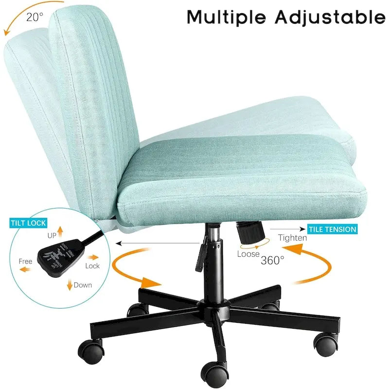 Chaise de bureau sans accoudoirs Criss Cross avec roulettes, chaise à pieds croisés rembourrée en tissu, chaise de vanité pivotante à siège large