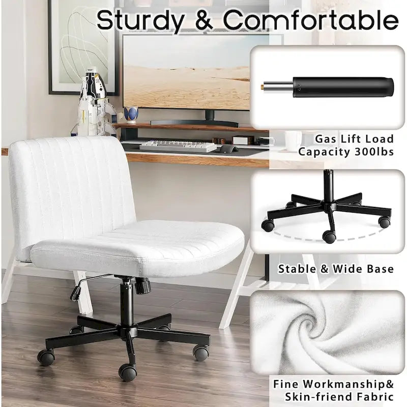 Chaise de bureau sans accoudoirs Criss Cross avec roulettes, chaise à pieds croisés rembourrée en tissu, chaise de vanité pivotante à siège large